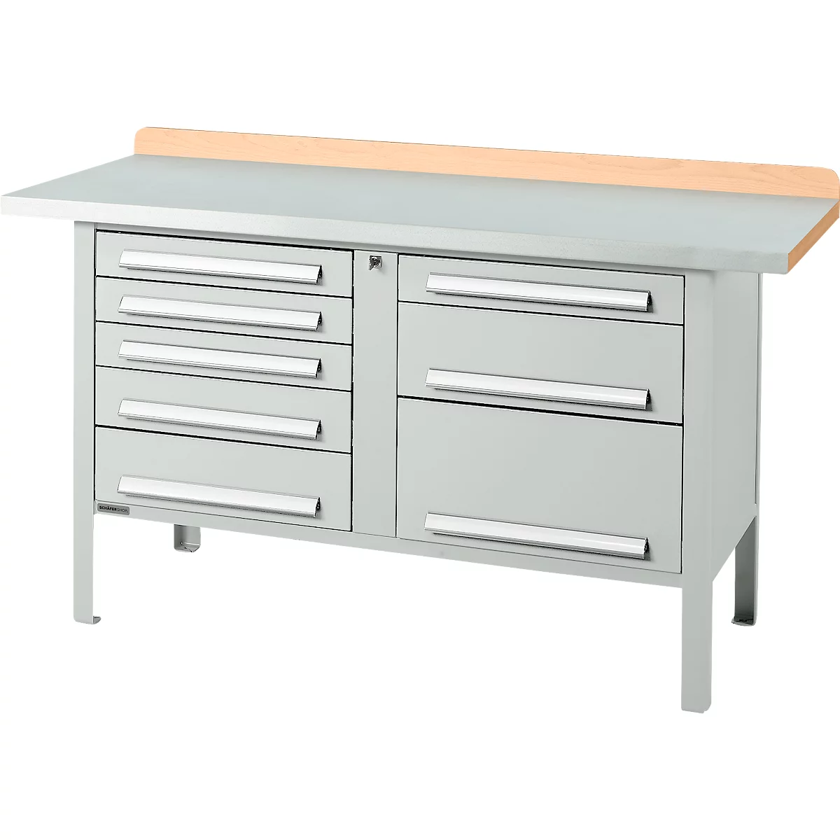 Box-type werkbank Schäfer Shop Select PWi 150-8, beuken multiplex blad, met stalen afdekking, tot 750 kg, B 1500 x D 700 x H 840 mm, lichtgrijs