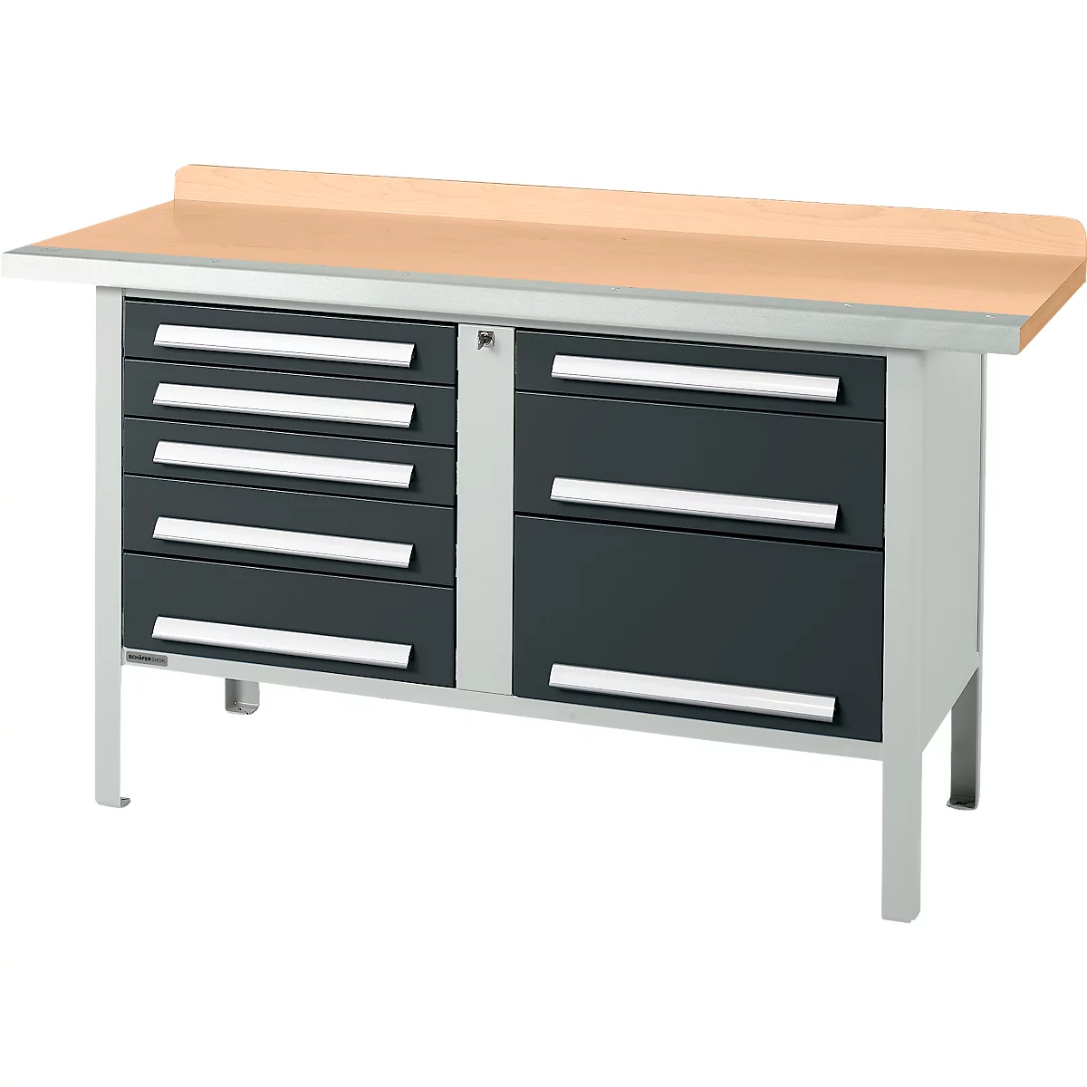 Box-type werkbank Schäfer Shop Select PWi 150-8, beuken multiplex blad, met stalen rand, tot 750 kg, B 1500 x D 700 x H 840 mm, antraciet