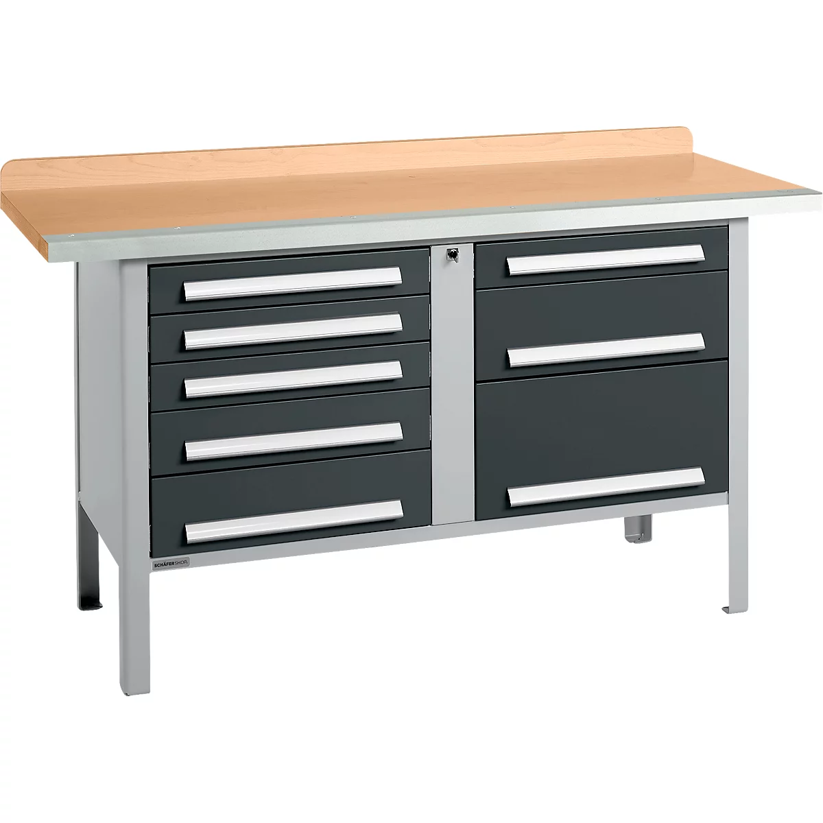 Box-type werkbank Schäfer Shop Select PWi 150-8, beuken multiplex blad, met stalen rand, tot 750 kg, B 1500 x D 700 x H 840 mm, antraciet