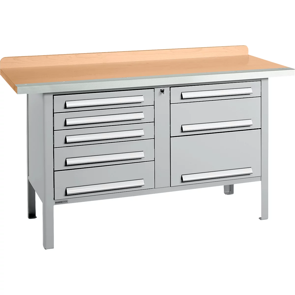Box-type werkbank Schäfer Shop Select PWi 150-8, beuken multiplex blad, met stalen rand, tot 750 kg, B 1500 x D 700 x H 840 mm, blank aluminium
