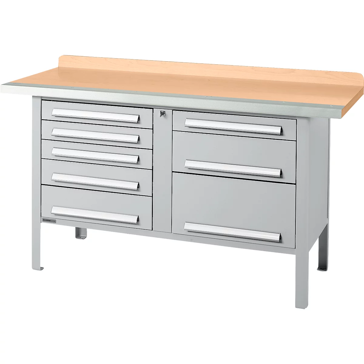 Box-type werkbank Schäfer Shop Select PWi 150-8, beuken multiplex blad, met stalen rand, tot 750 kg, B 1500 x D 700 x H 840 mm, blank aluminium