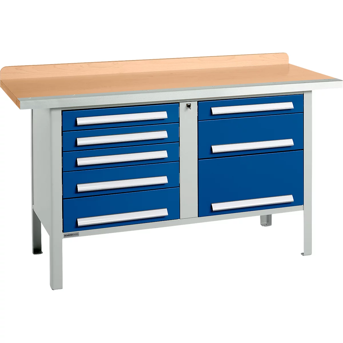 Box-type werkbank Schäfer Shop Select PWi 150-8, beuken multiplex blad, met stalen rand, tot 750 kg, B 1500 x D 700 x H 840 mm, gentiaanblauw