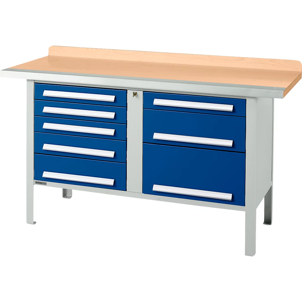 Box-type werkbank Schäfer Shop Select PWi 150-8, beuken multiplex blad, met stalen rand, tot 750 kg, B 1500 x D 700 x H 840 mm, gentiaanblauw