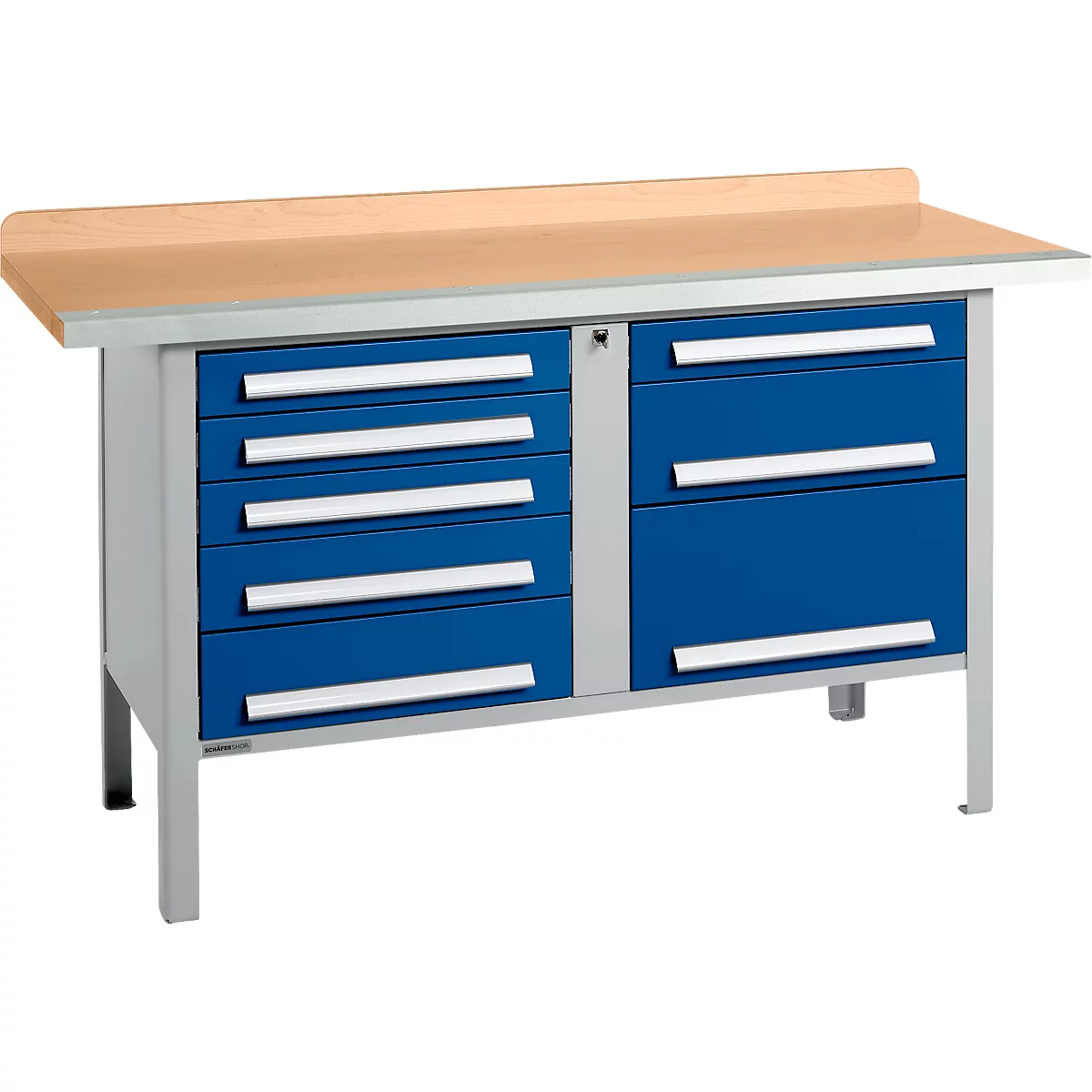 Box-type werkbank Schäfer Shop Select PWi 150-8, beuken multiplex blad, met stalen rand, tot 750 kg, B 1500 x D 700 x H 840 mm, gentiaanblauw