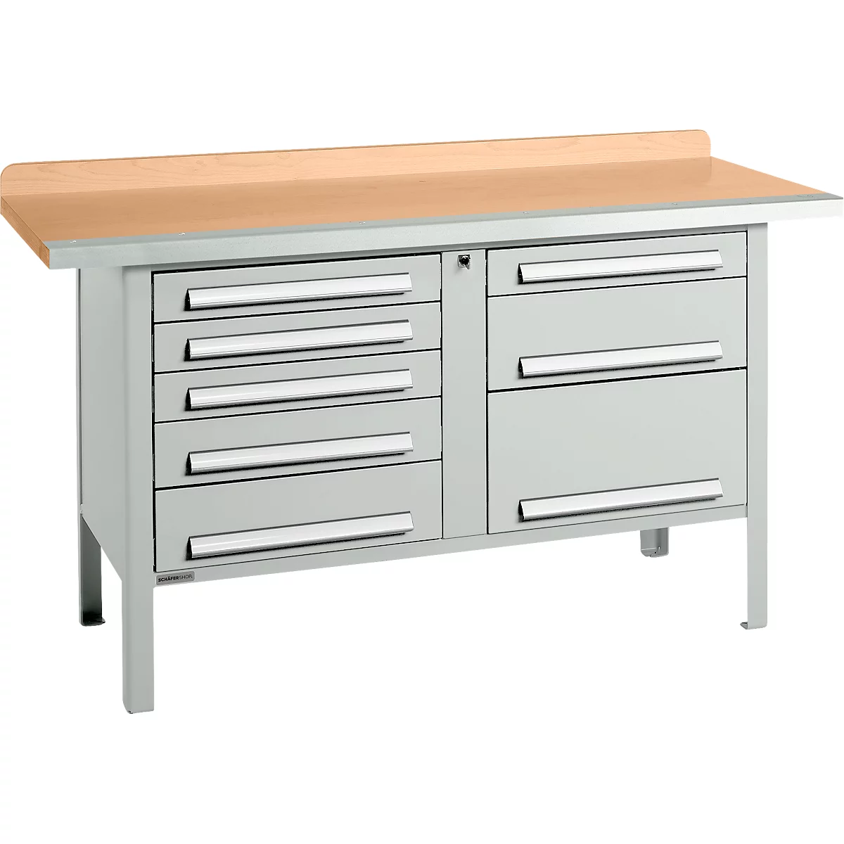Box-type werkbank Schäfer Shop Select PWi 150-8, beuken multiplex blad, met stalen rand, tot 750 kg, B 1500 x D 700 x H 840 mm, lichtgrijs