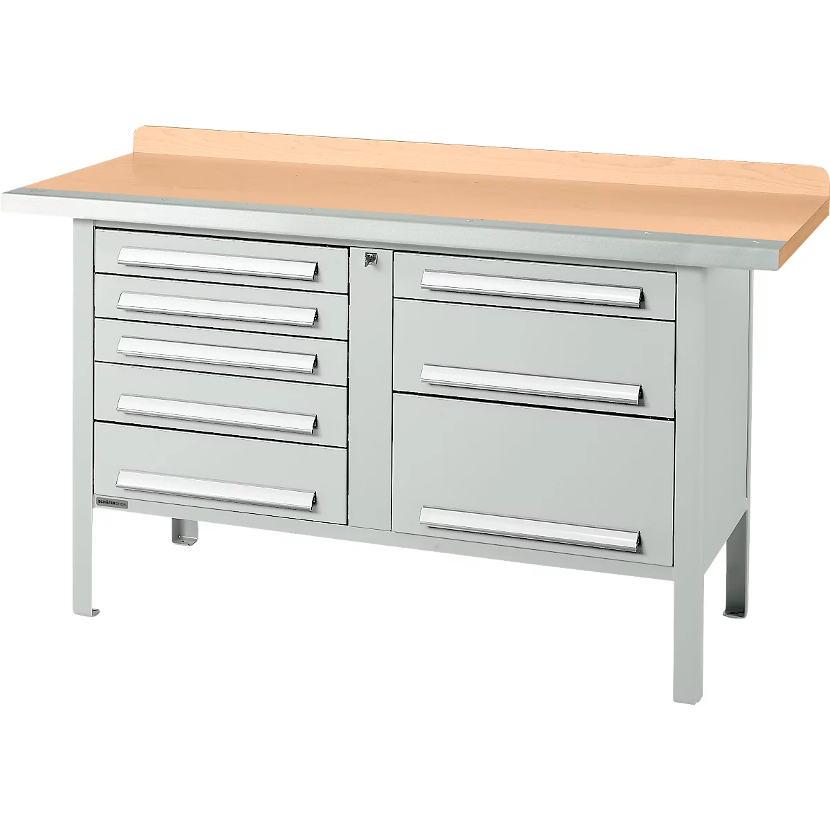 Box-type werkbank Schäfer Shop Select PWi 150-8, beuken multiplex blad, met stalen rand, tot 750 kg, B 1500 x D 700 x H 840 mm, lichtgrijs