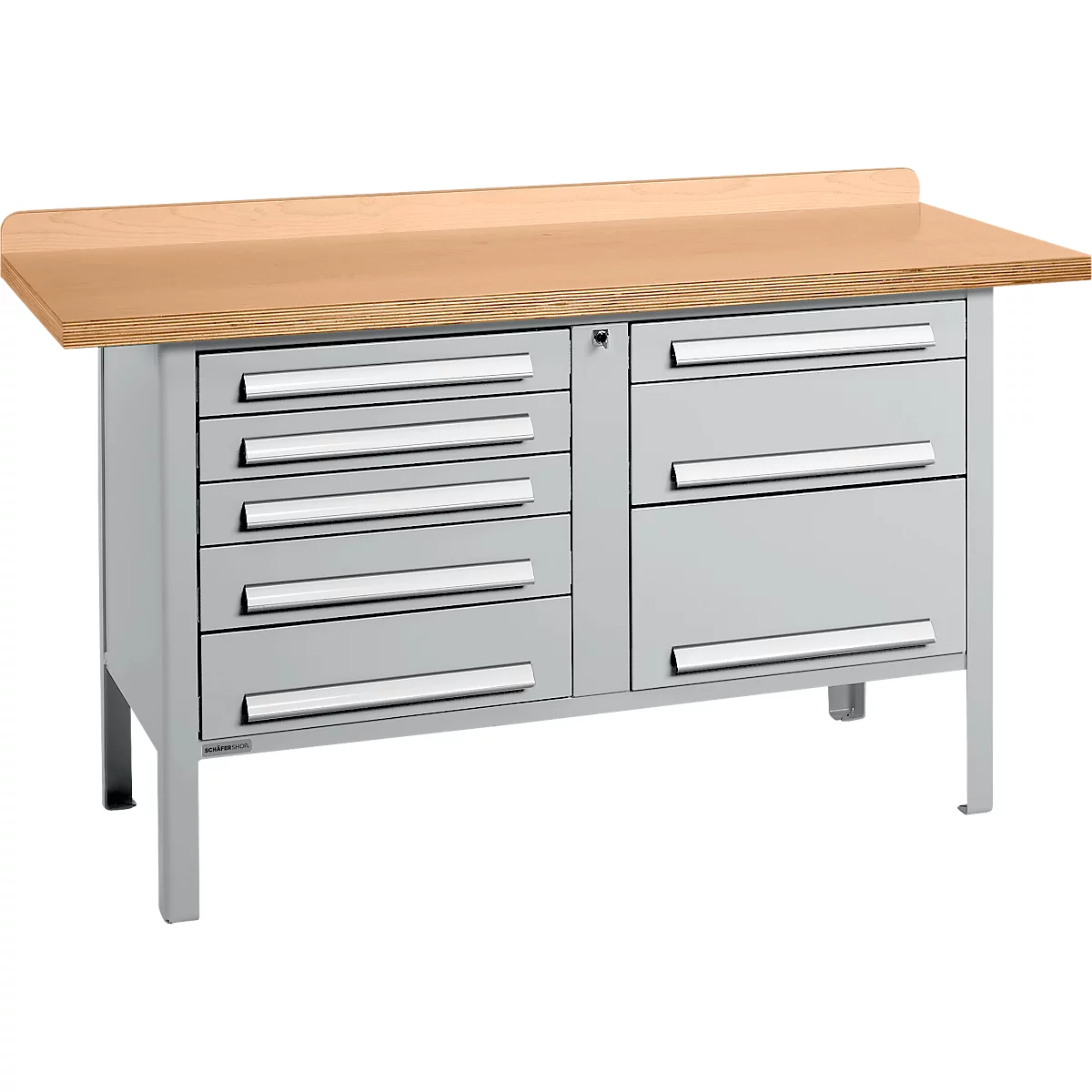 Box-type werkbank Schäfer Shop Select PWi 150-8, beuken multiplex blad, tot 750 kg, B 1500 x D 700 x H 840 mm, blank aluminium