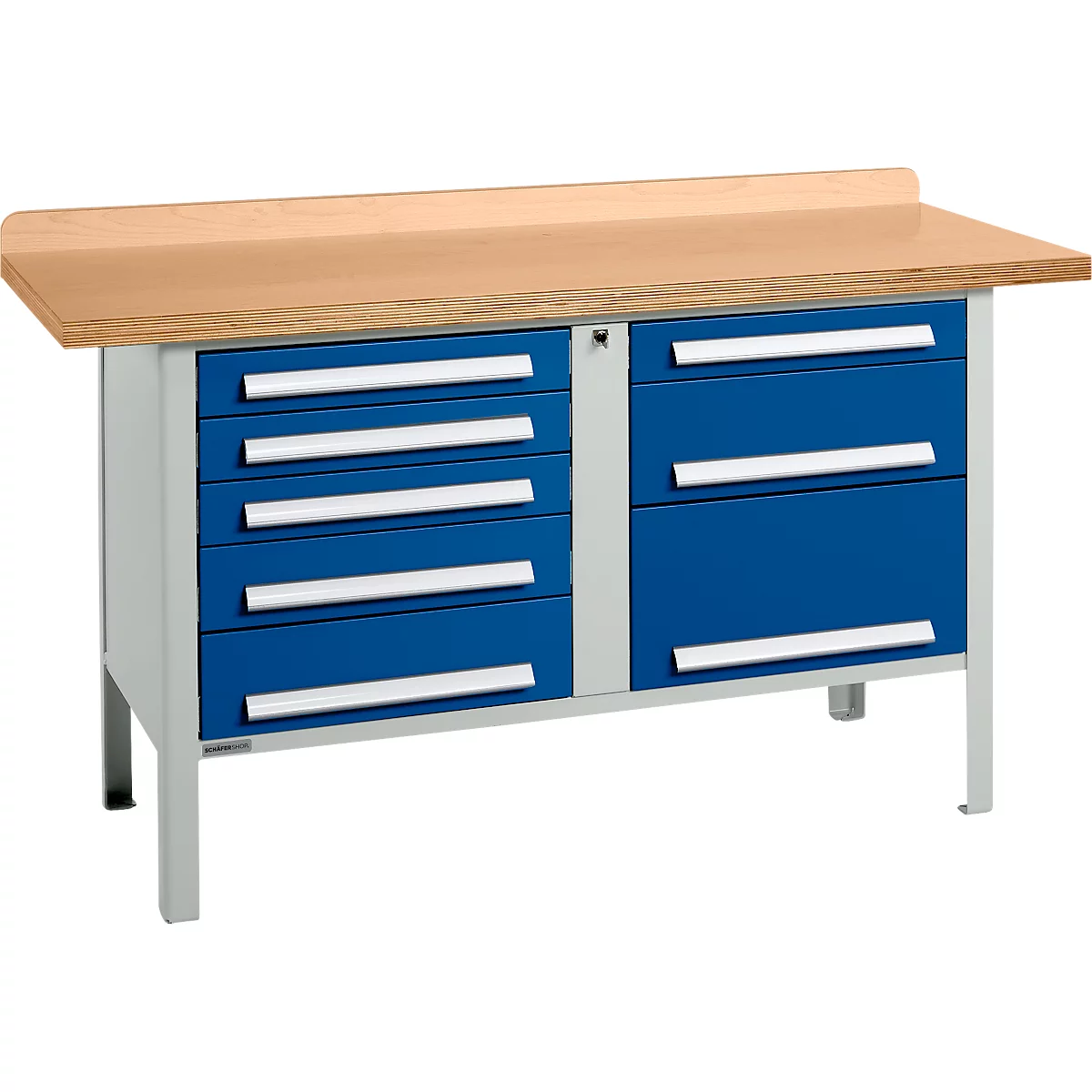 Box-type werkbank Schäfer Shop Select PWi 150-8, beuken multiplex blad, tot 750 kg, B 1500 x D 700 x H 840 mm, gentiaanblauw