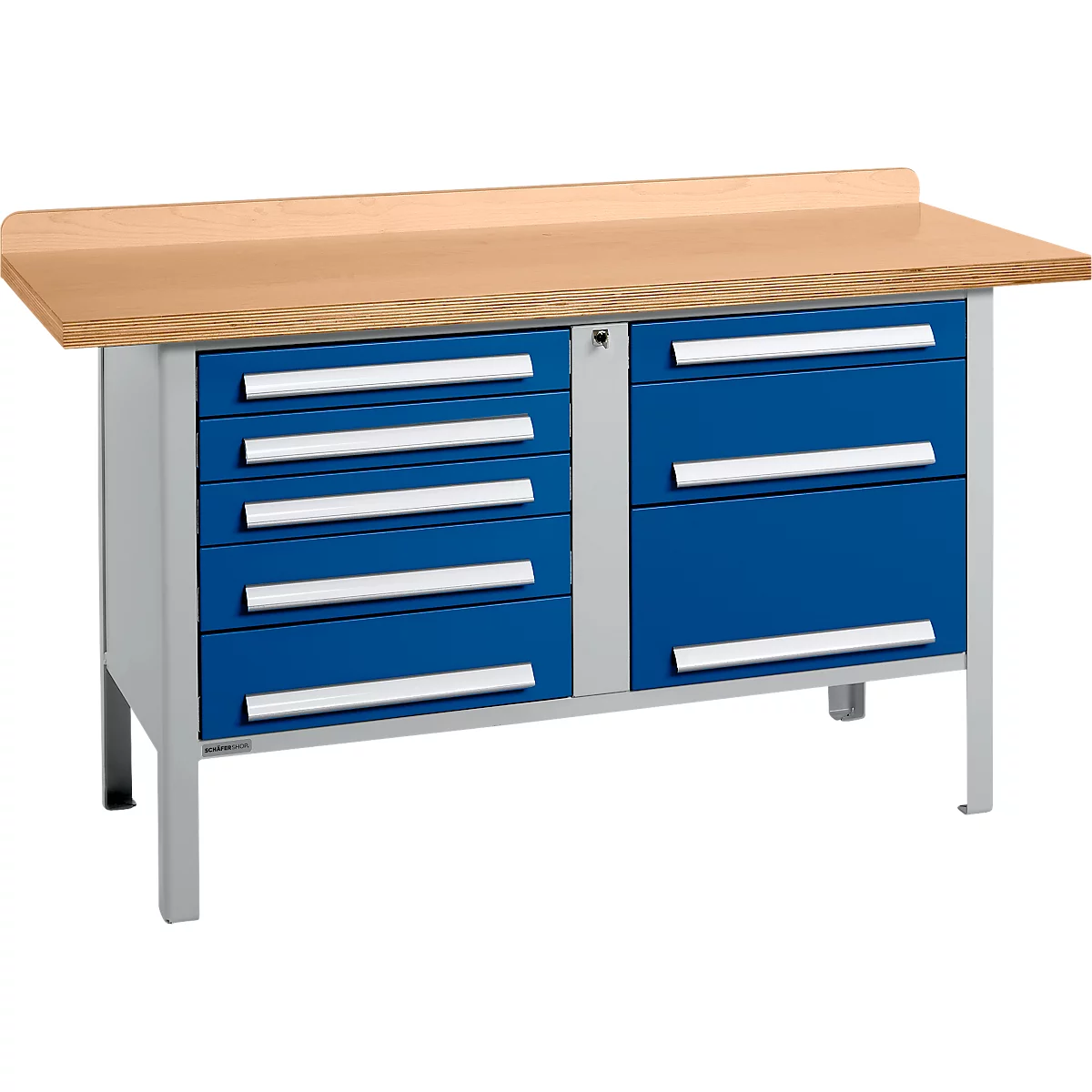 Box-type werkbank Schäfer Shop Select PWi 150-8, beuken multiplex blad, tot 750 kg, B 1500 x D 700 x H 840 mm, gentiaanblauw