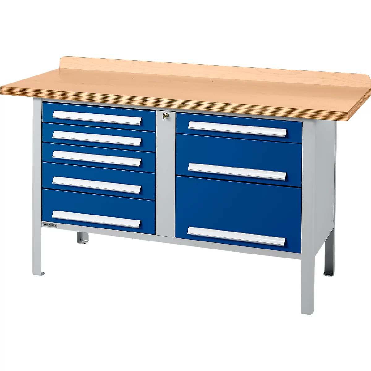 Box-type werkbank Schäfer Shop Select PWi 150-8, beuken multiplex blad, tot 750 kg, B 1500 x D 700 x H 840 mm, gentiaanblauw
