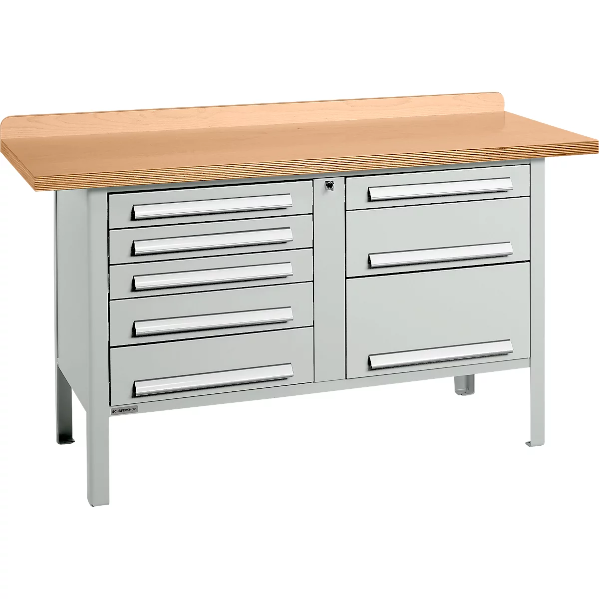 Box-type werkbank Schäfer Shop Select PWi 150-8, beuken multiplex blad, tot 750 kg, B 1500 x D 700 x H 840 mm, lichtgrijs
