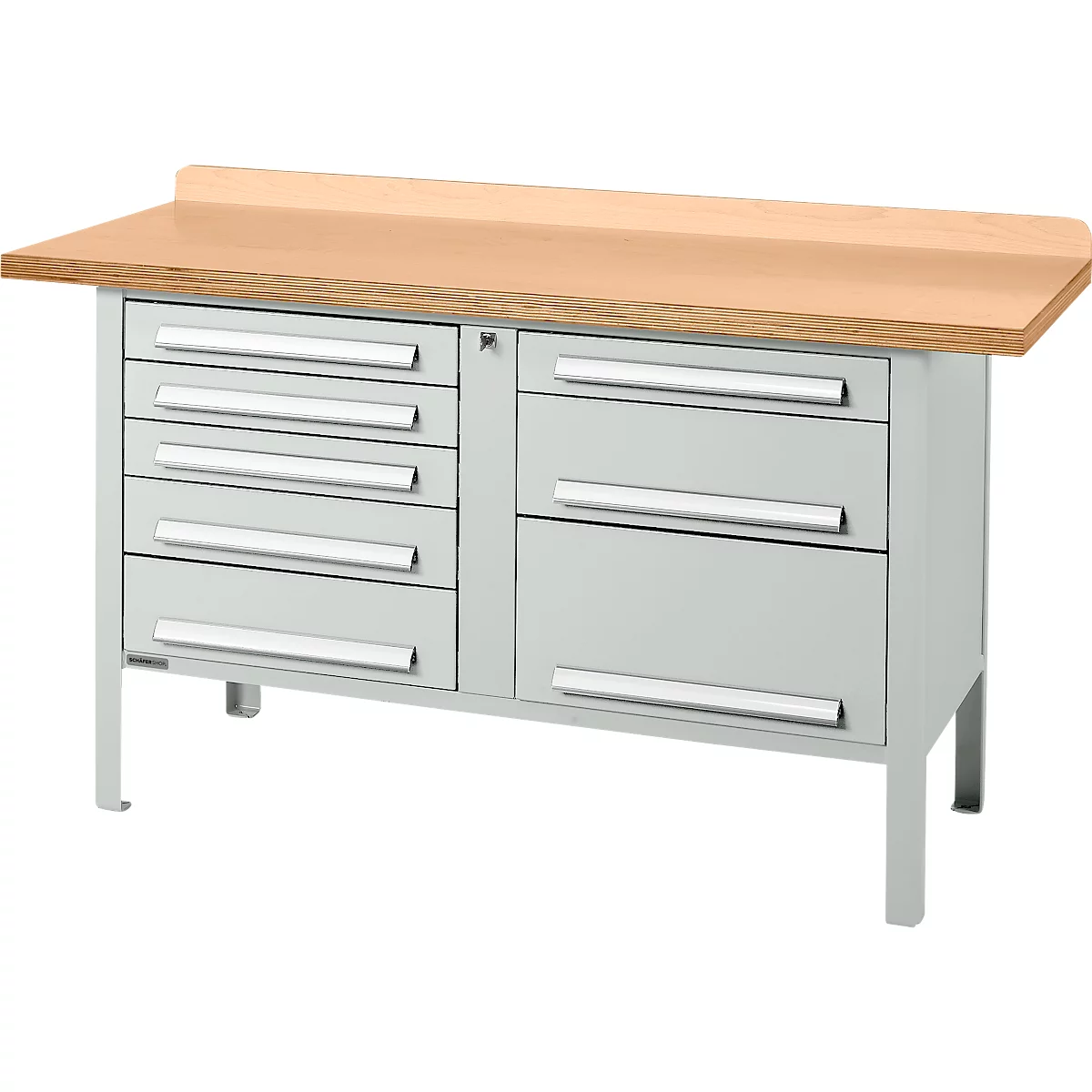 Box-type werkbank Schäfer Shop Select PWi 150-8, beuken multiplex blad, tot 750 kg, B 1500 x D 700 x H 840 mm, lichtgrijs