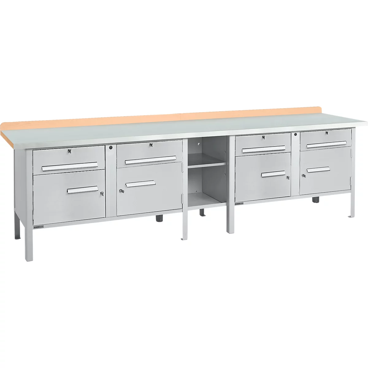 Box-type werkbank Schäfer Shop Select PWi 300-0, beuken multiplex blad, met stalen afdekking, tot 750 kg, B 3000 x D 700 x H 840 mm, blank aluminium