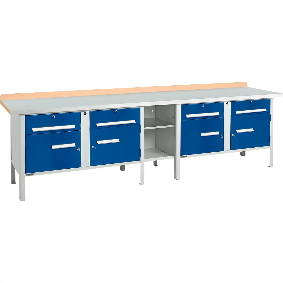 Box-type werkbank Schäfer Shop Select PWi 300-0, beuken multiplex blad, met stalen afdekking, tot 750 kg, B 3000 x D 700 x H 840 mm, gentiaanblauw