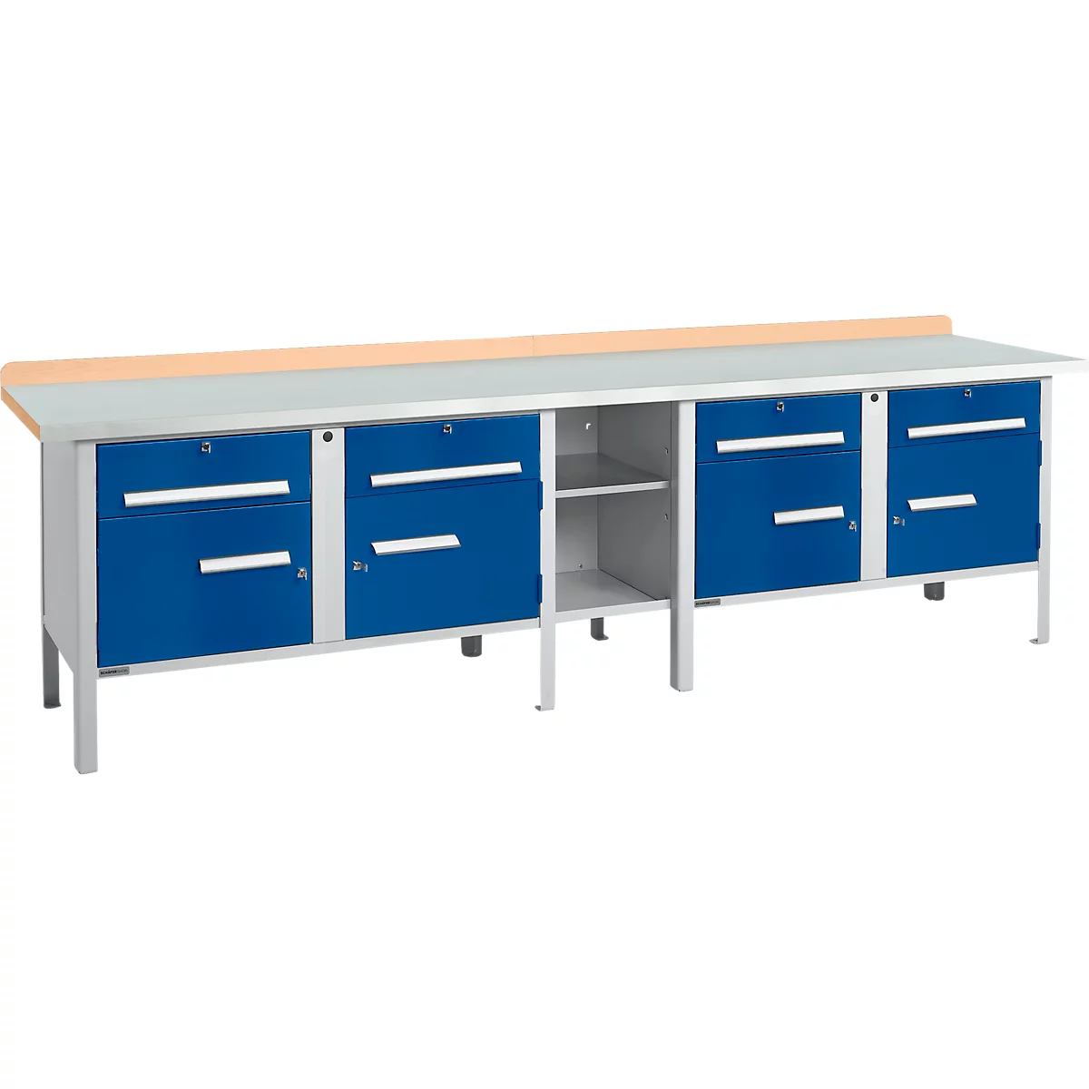 Box-type werkbank Schäfer Shop Select PWi 300-0, beuken multiplex blad, met stalen afdekking, tot 750 kg, B 3000 x D 700 x H 840 mm, gentiaanblauw