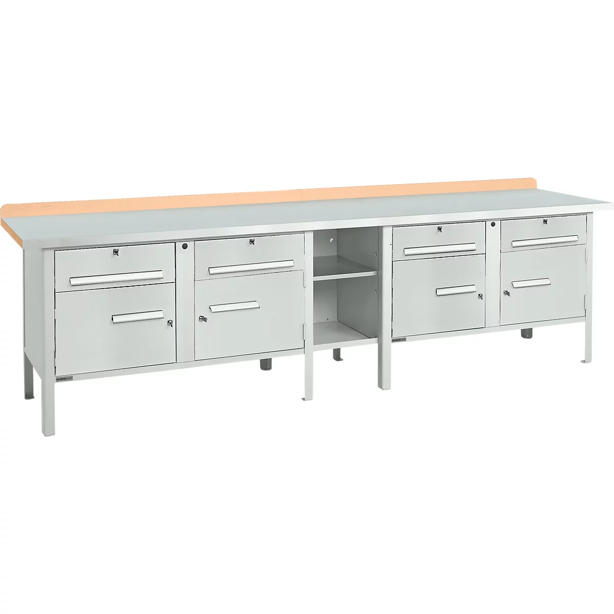 Box-type werkbank Schäfer Shop Select PWi 300-0, beuken multiplex blad, met stalen afdekking, tot 750 kg, B 3000 x D 700 x H 840 mm, lichtgrijs