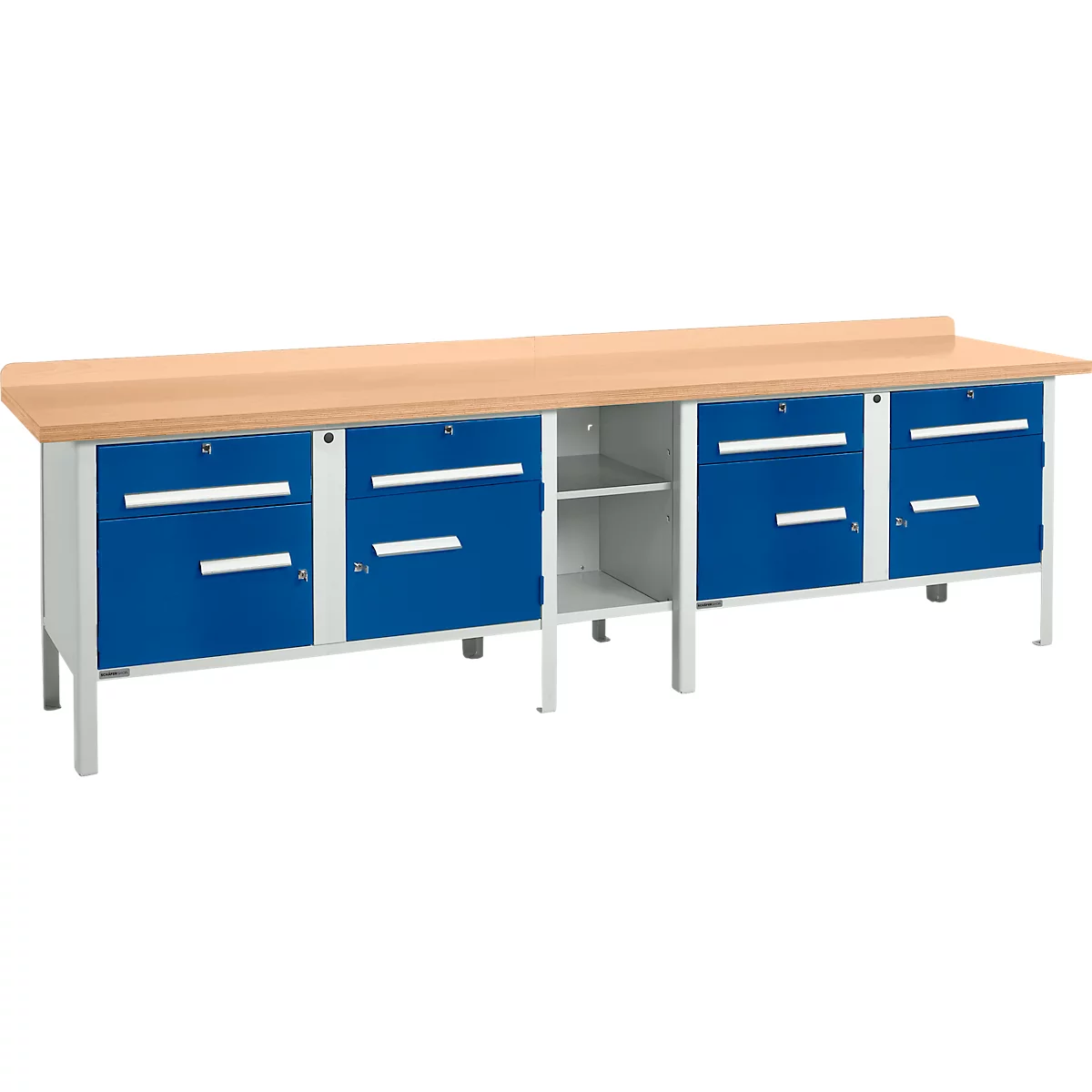 Box-type werkbank Schäfer Shop Select PWi 300-0, beuken multiplex blad, tot 750 kg, B 3000 x D 700 x H 840 mm, gentiaanblauw