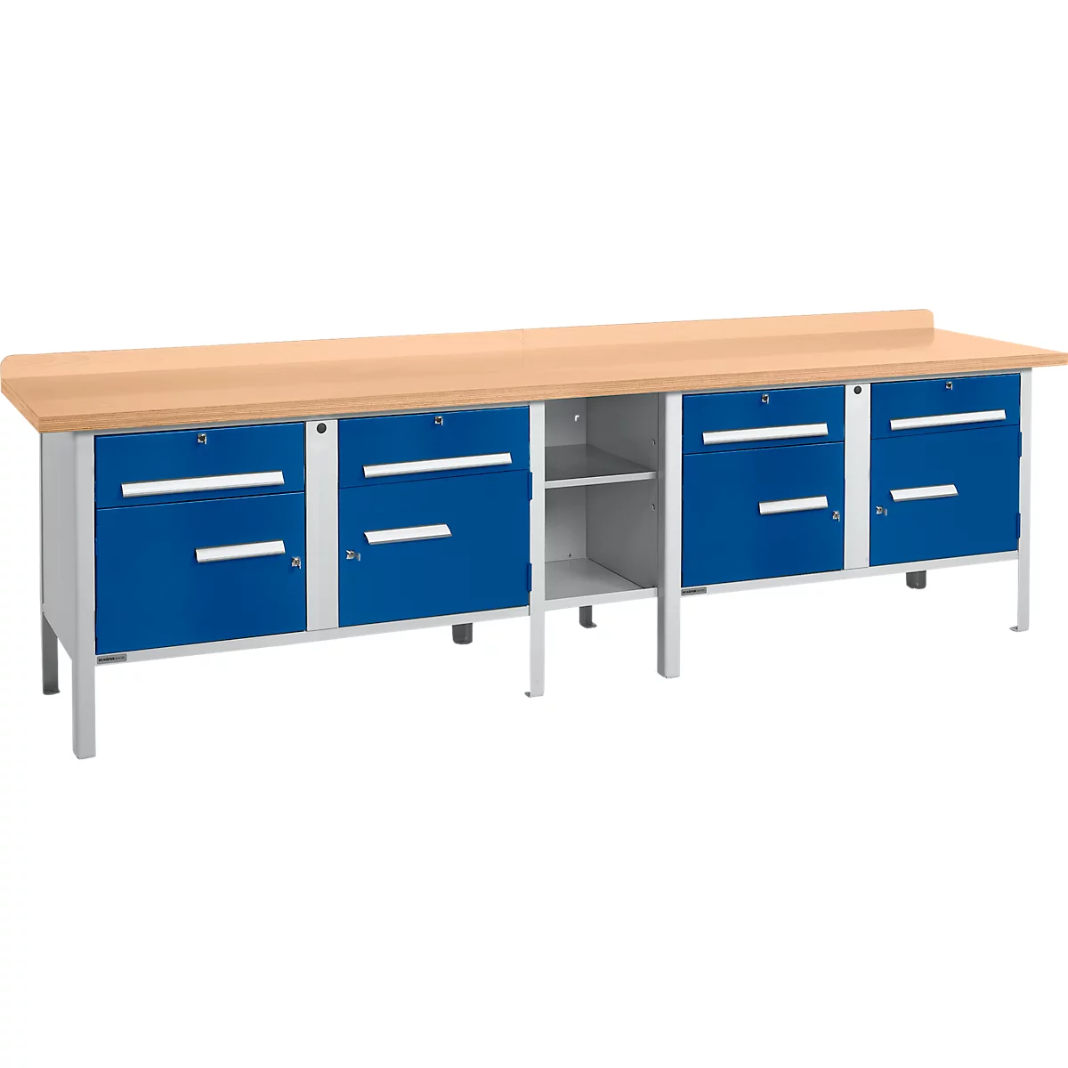 Box-type werkbank Schäfer Shop Select PWi 300-0, beuken multiplex blad, tot 750 kg, B 3000 x D 700 x H 840 mm, gentiaanblauw
