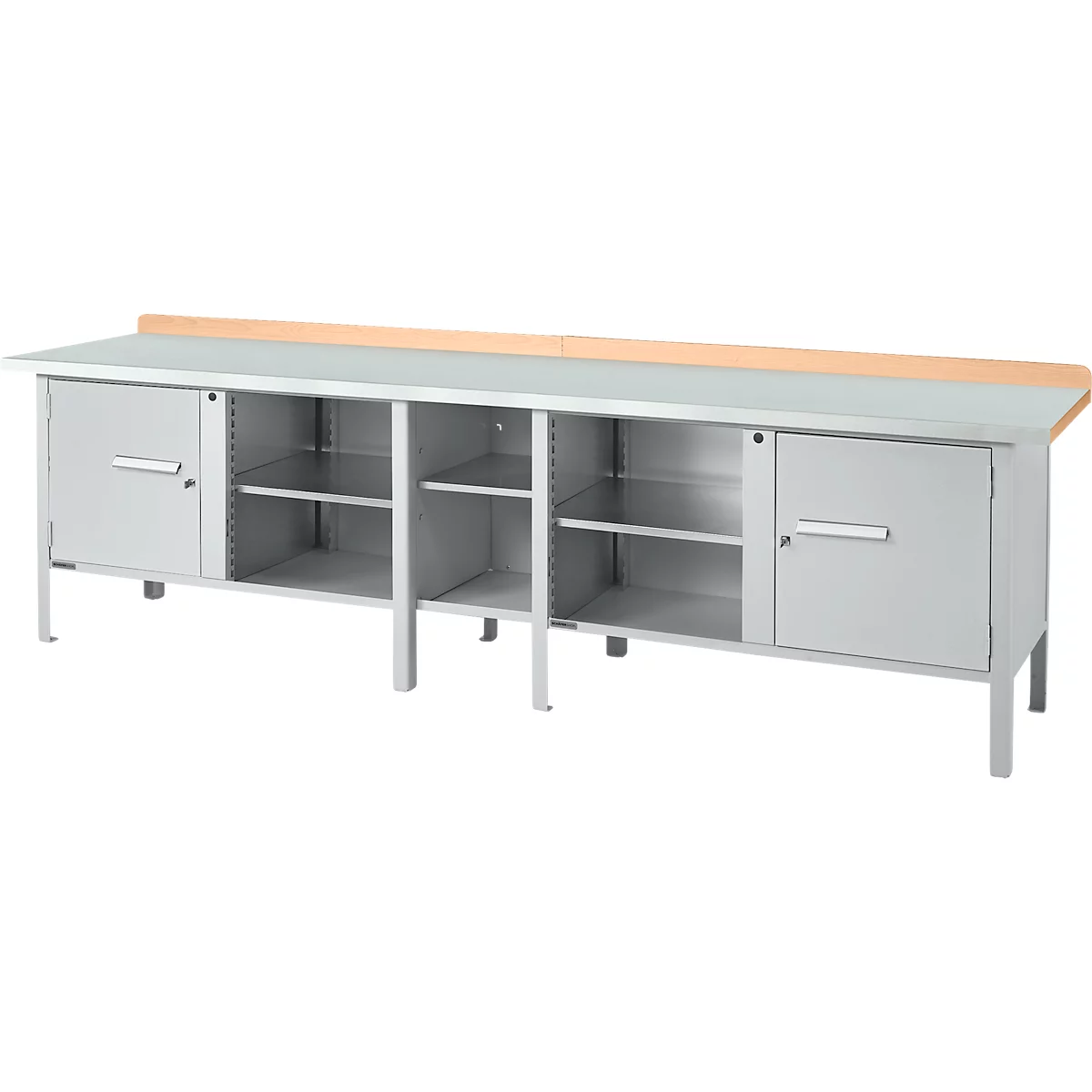 Box-type werkbank Schäfer Shop Select PWi 300-1, beuken multiplex blad, met stalen afdekking, tot 750 kg, B 3000 x D 700 x H 840 mm, blank aluminium