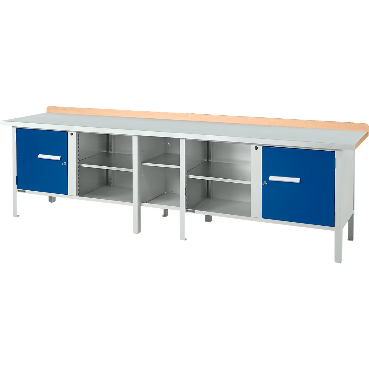 Box-type werkbank Schäfer Shop Select PWi 300-1, beuken multiplex blad, met stalen afdekking, tot 750 kg, B 3000 x D 700 x H 840 mm, gentiaanblauw