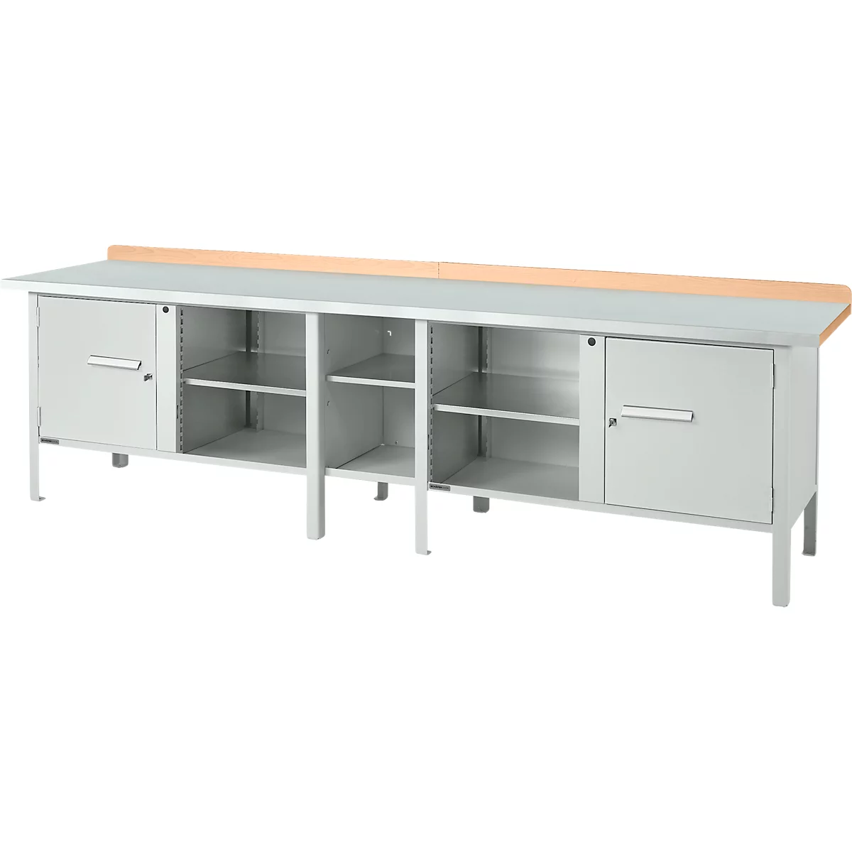 Box-type werkbank Schäfer Shop Select PWi 300-1, beuken multiplex blad, met stalen afdekking, tot 750 kg, B 3000 x D 700 x H 840 mm, lichtgrijs