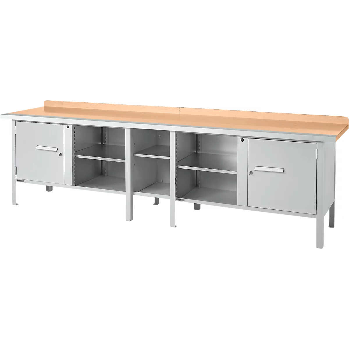 Box-type werkbank Schäfer Shop Select PWi 300-1, beuken multiplex blad, met stalen rand, tot 750 kg, B 3000 x D 700 x H 840 mm, blank aluminium