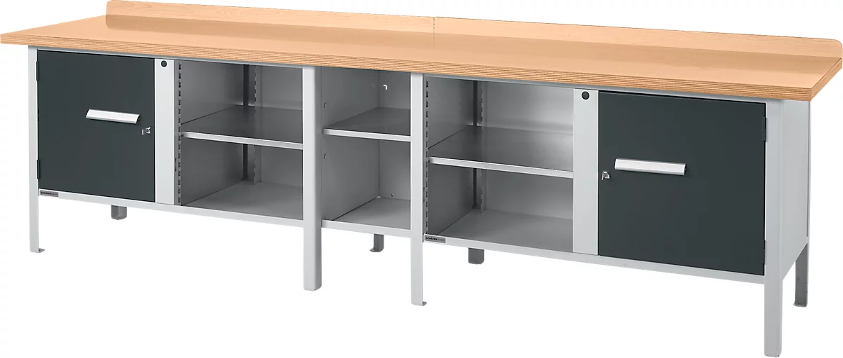 Box-type werkbank Schäfer Shop Select PWi 300-1, beuken multiplexplaat, tot 750 kg, B 3000 x D 700 x H 840 mm, antraciet/wit aluminium. 