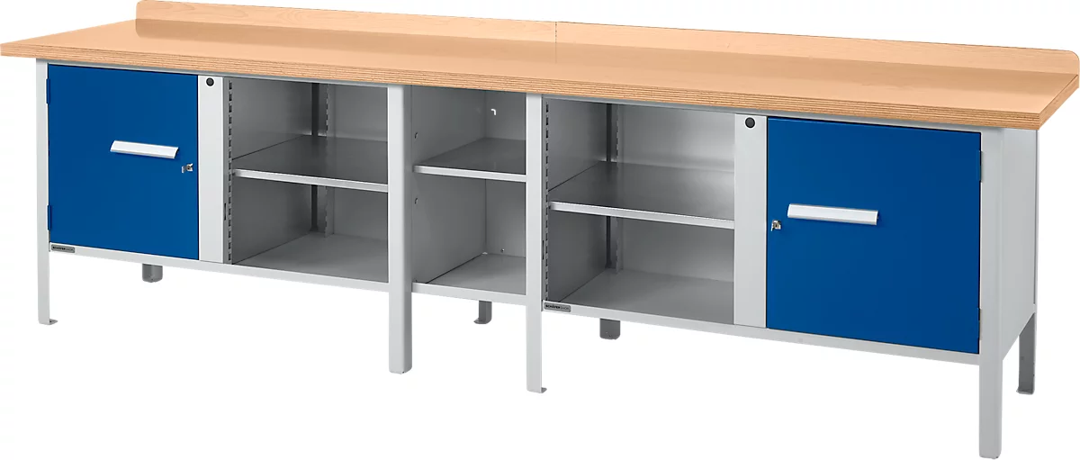 Box-type werkbank Schäfer Shop Select PWi 300-1, beuken multiplexplaat, tot 750 kg, B 3000 x D 700 x H 840 mm, gentiaanblauw/wit aluminium. 