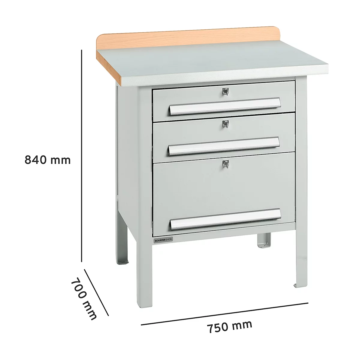 Werkbank met laden en houten werkblad. Afmetingen: 840 mm hoog, 700 mm diep, 750 mm breed.