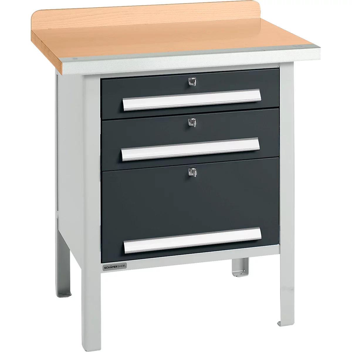Box-type werkbank Schäfer Shop Select PWi 75-7, beuken decor multiplex blad, met stalen rand, tot 750 kg, B 750 x D 700 x H 840 mm