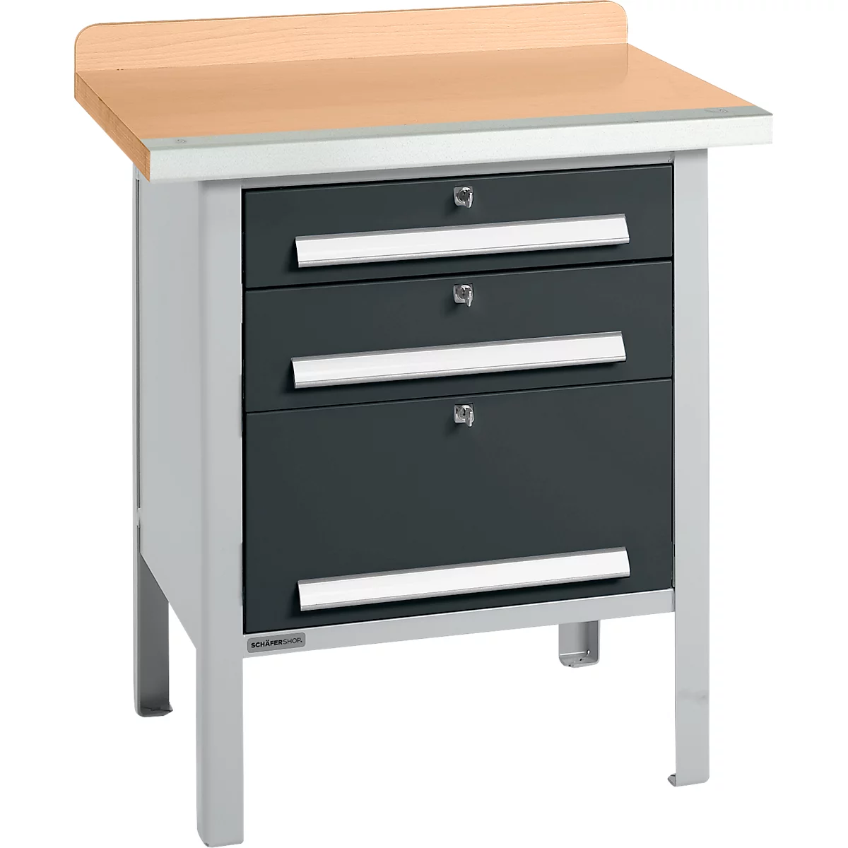 Box-type werkbank Schäfer Shop Select PWi 75-7, beuken decor multiplex blad, met stalen rand, tot 750 kg, B 750 x D 700 x H 840 mm