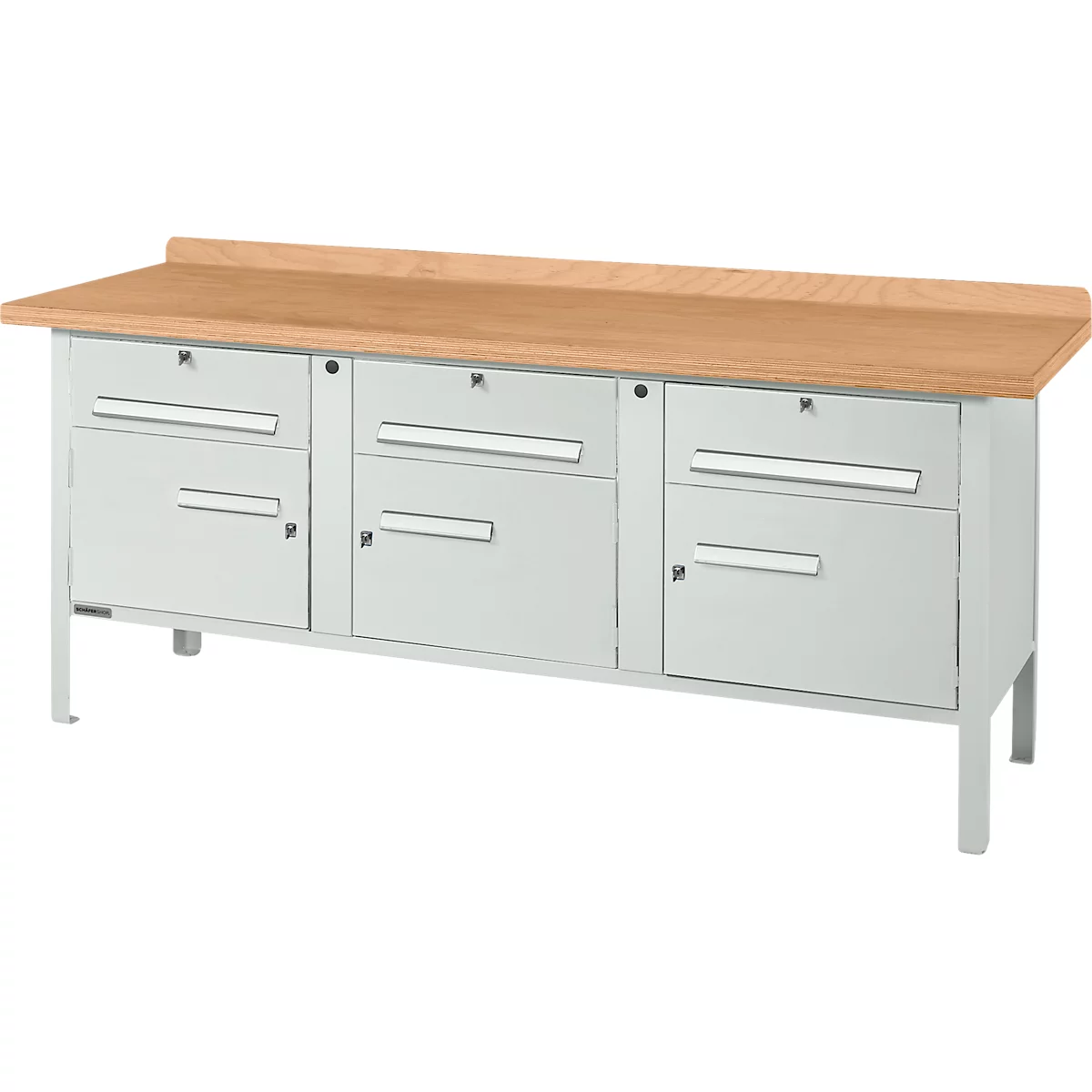 Workbench with wooden top, gray drawers and legs.