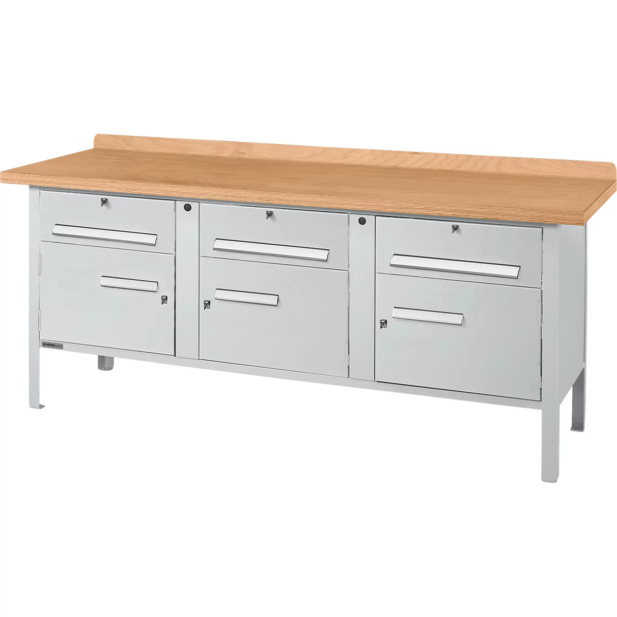 Workbench with wooden top, gray drawers and legs.