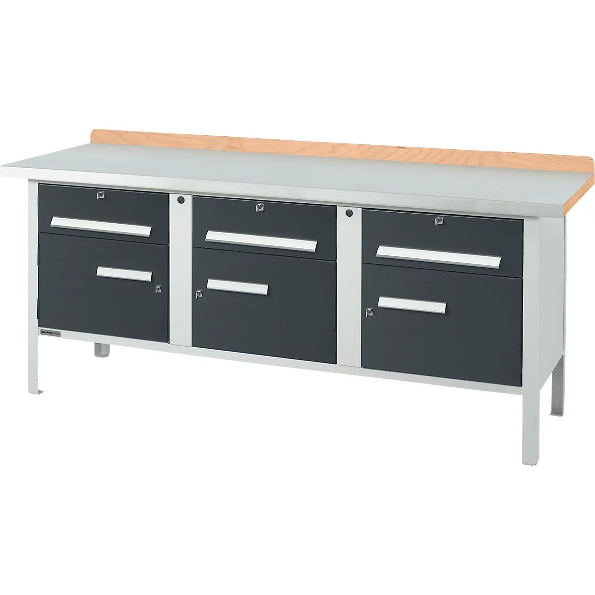 Workbench with gray work surface and three drawers. The drawers are dark gray with silver handles. The table legs are silver, the edge is made of wood.