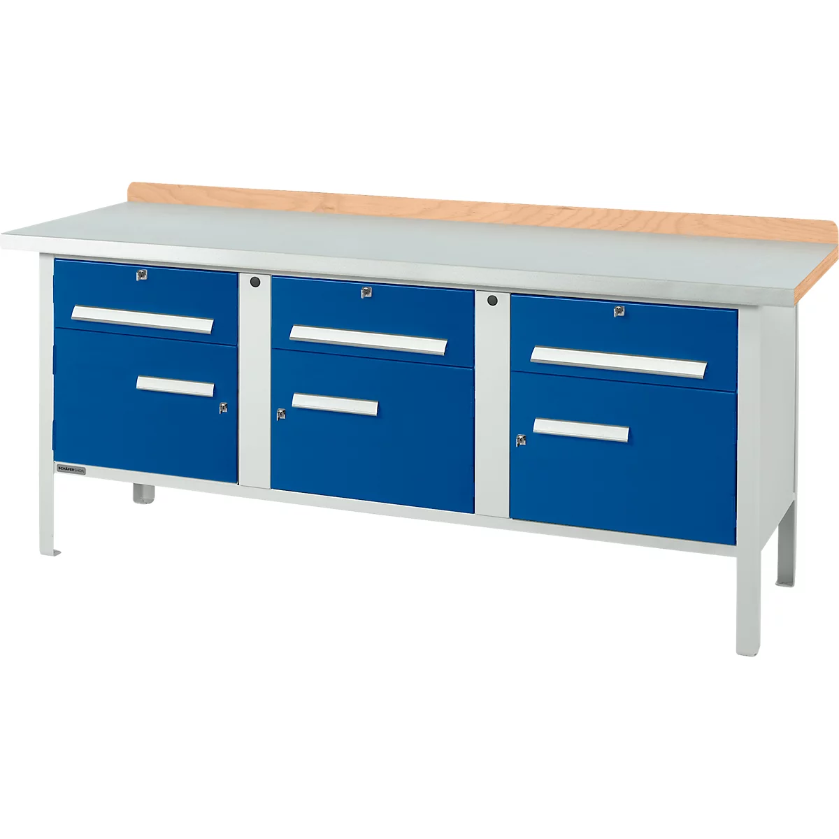 Workbench with blue drawers, light table and wooden top. Ideal for workshops or hobby rooms.