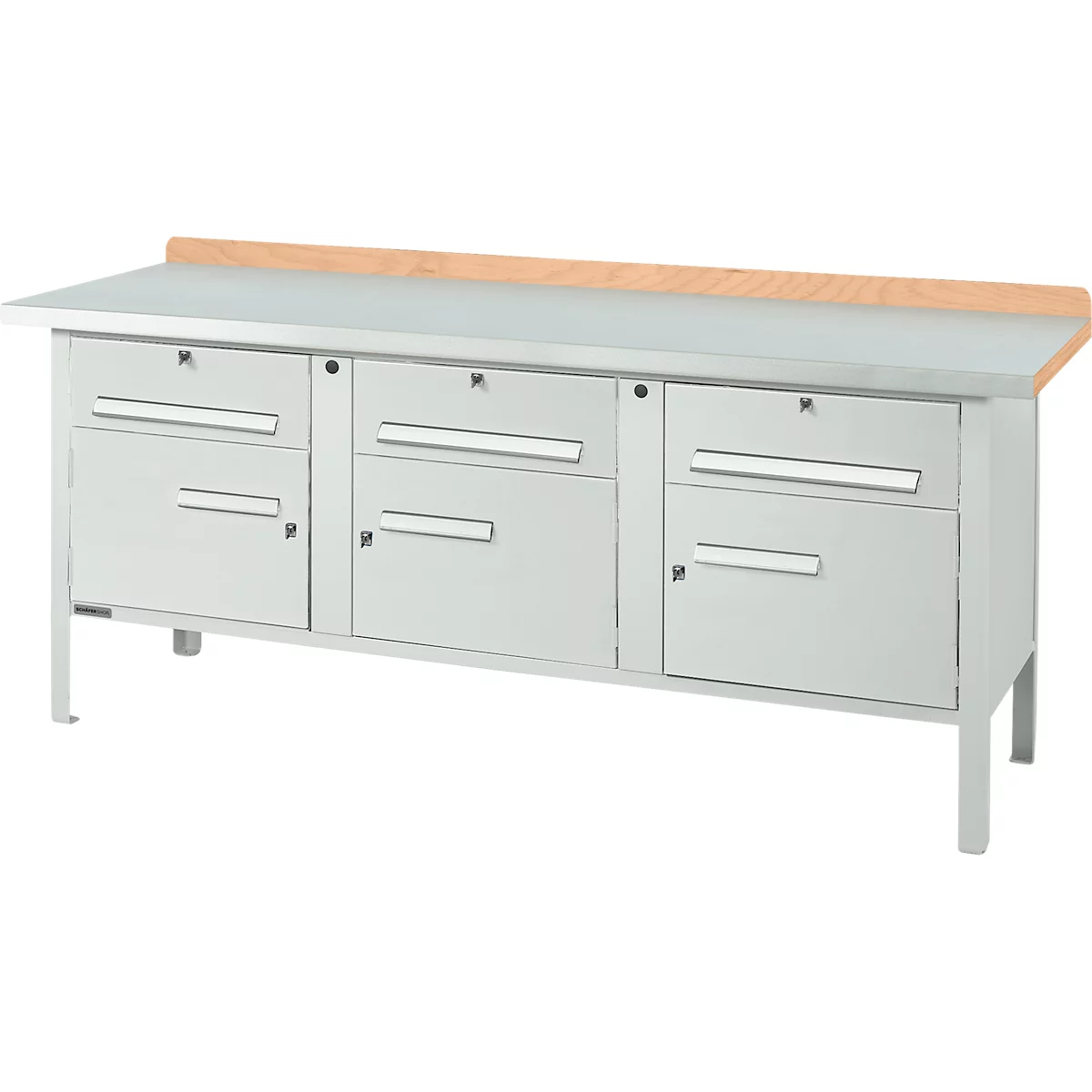 Workbench with drawers and a wooden top.