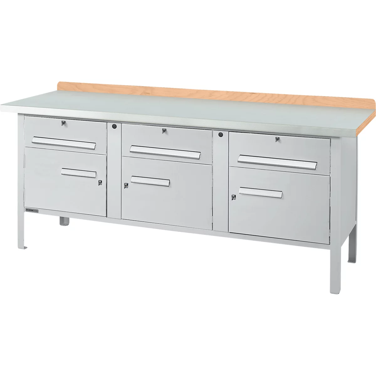 Metal workbench with drawers, wooden table top.