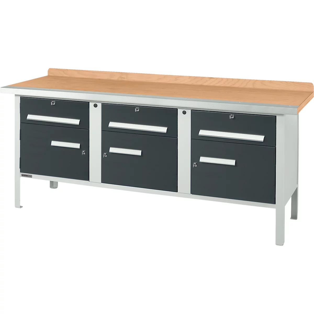 Workbench with wooden top and three drawers. Drawers are black, frame and legs silver.
