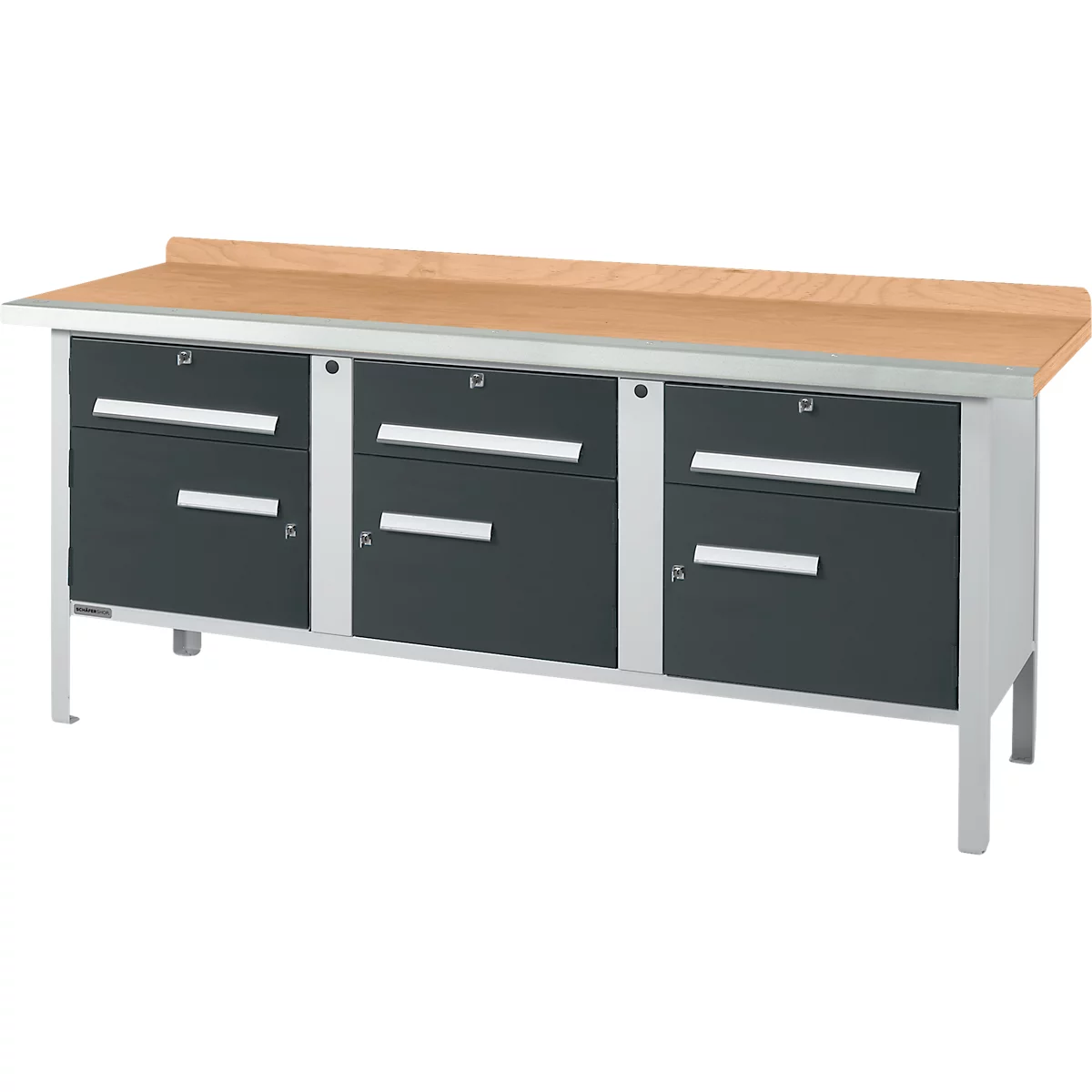 Workbench with wooden top, drawers and metal frame.