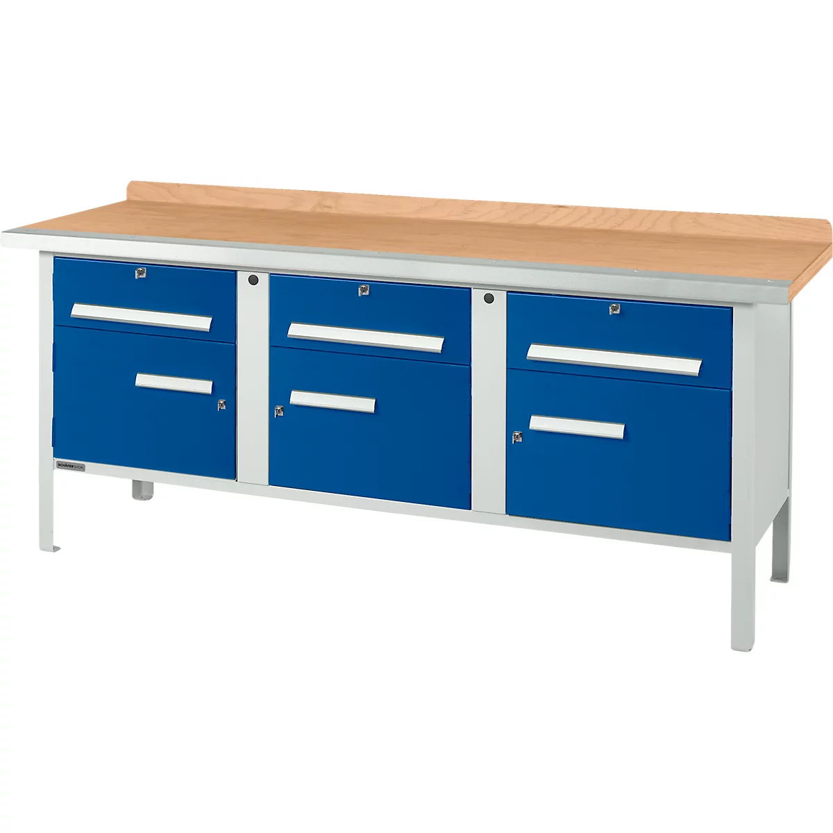 Workbench with blue drawers and wooden top.