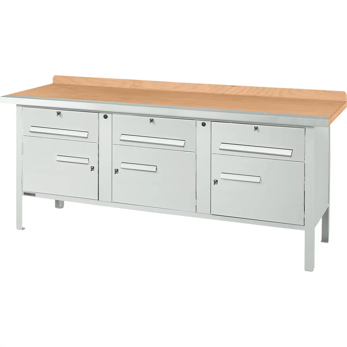 Workbench with light brown wooden top and light gray drawers. Standing on metal legs.