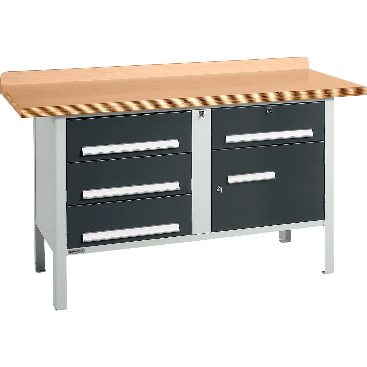 Workbench with wooden top, gray drawers and metal legs.