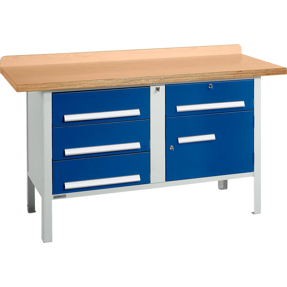 Workbench with blue drawers and wooden top. The underbody is white.