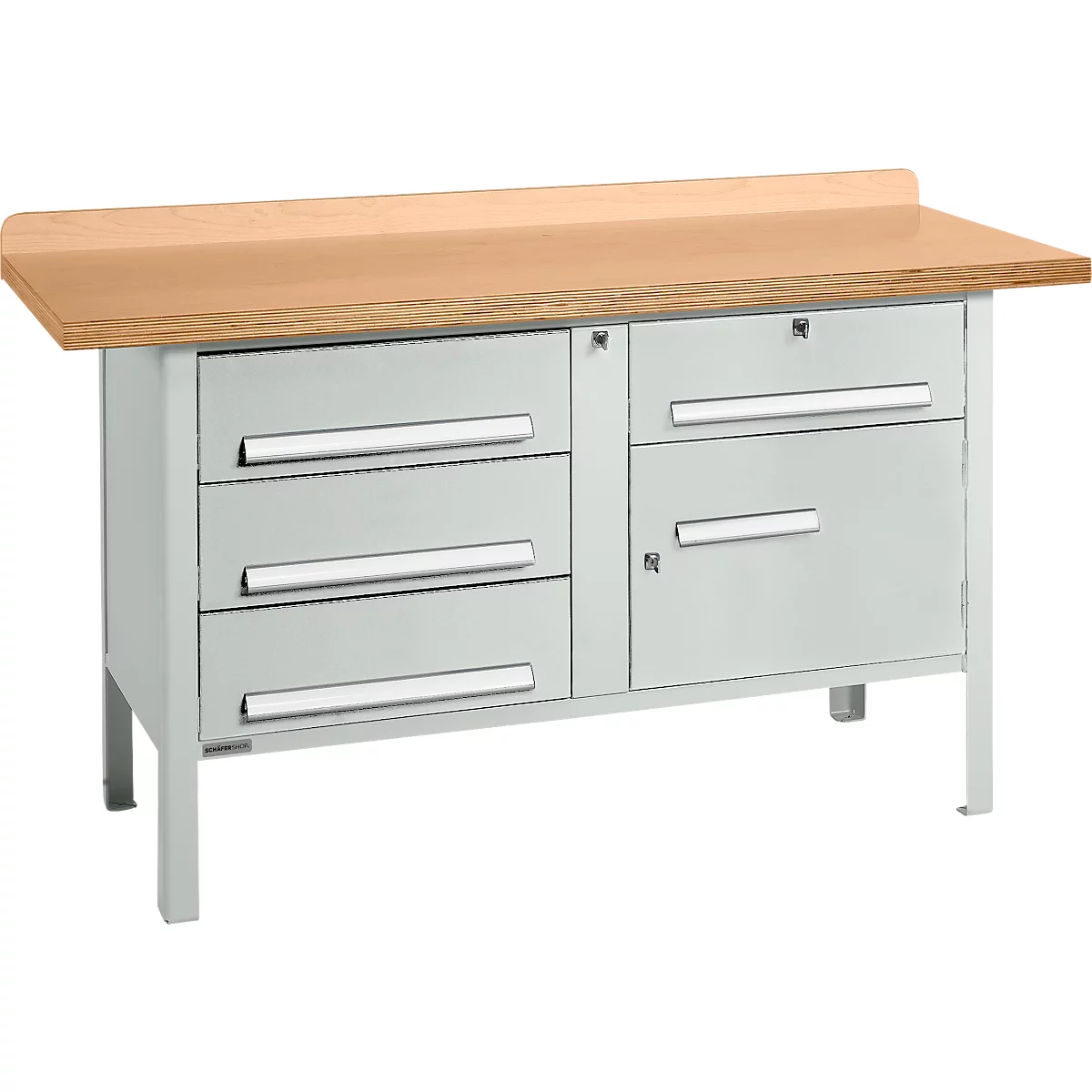 Workbench with wooden top, drawers and cabinet doors. Gray metal frame, silver handles.