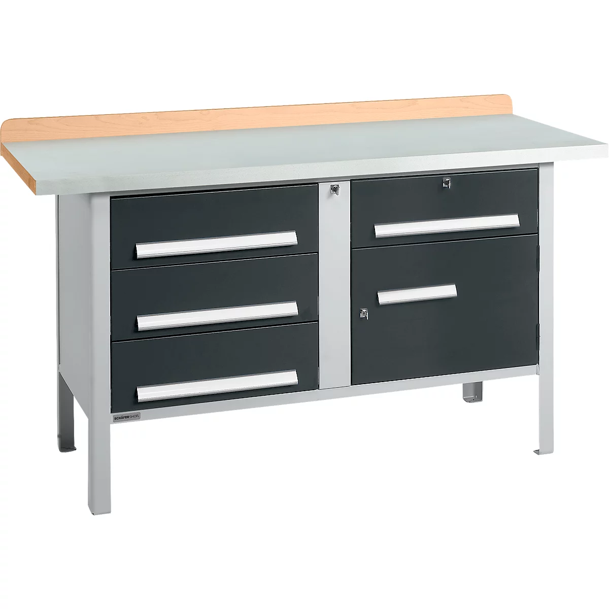 Workbench with drawers and cabinet, light worktop, gray frame.