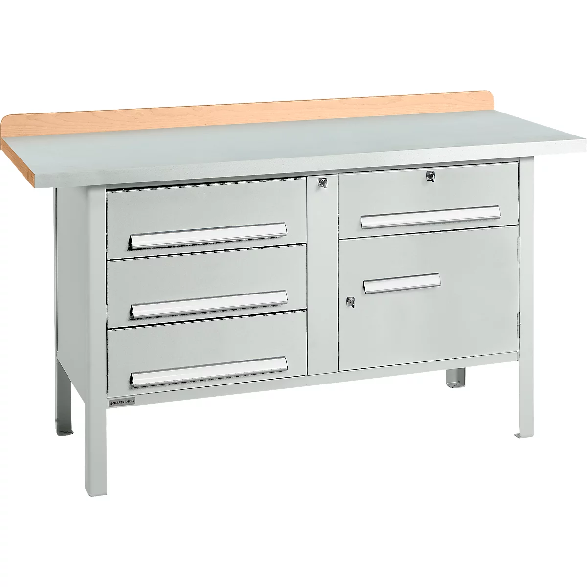 Workbench with gray metal surface, wooden top, and drawers. Drawer handles and legs are silver.