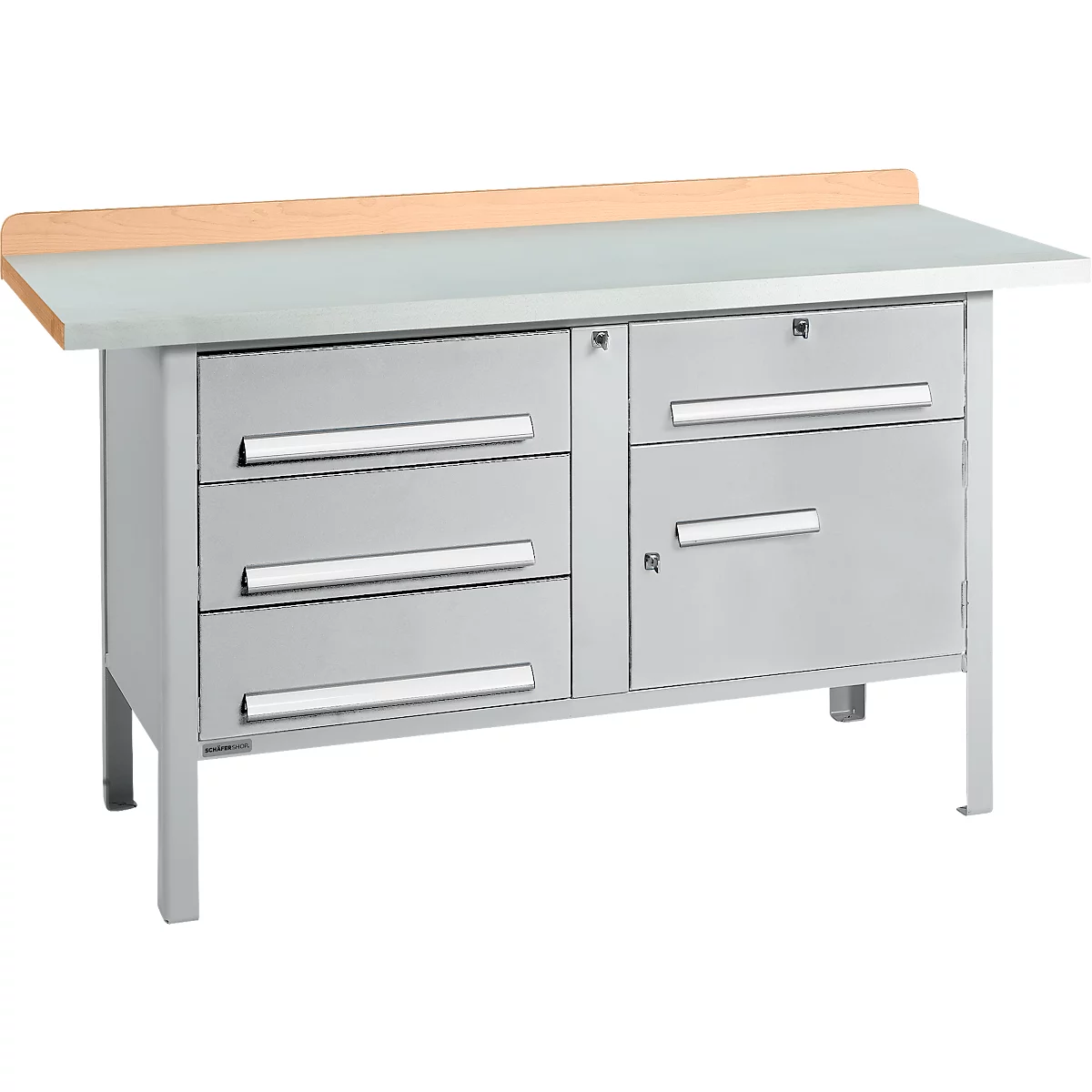 Metal workbench with drawers and wooden top.