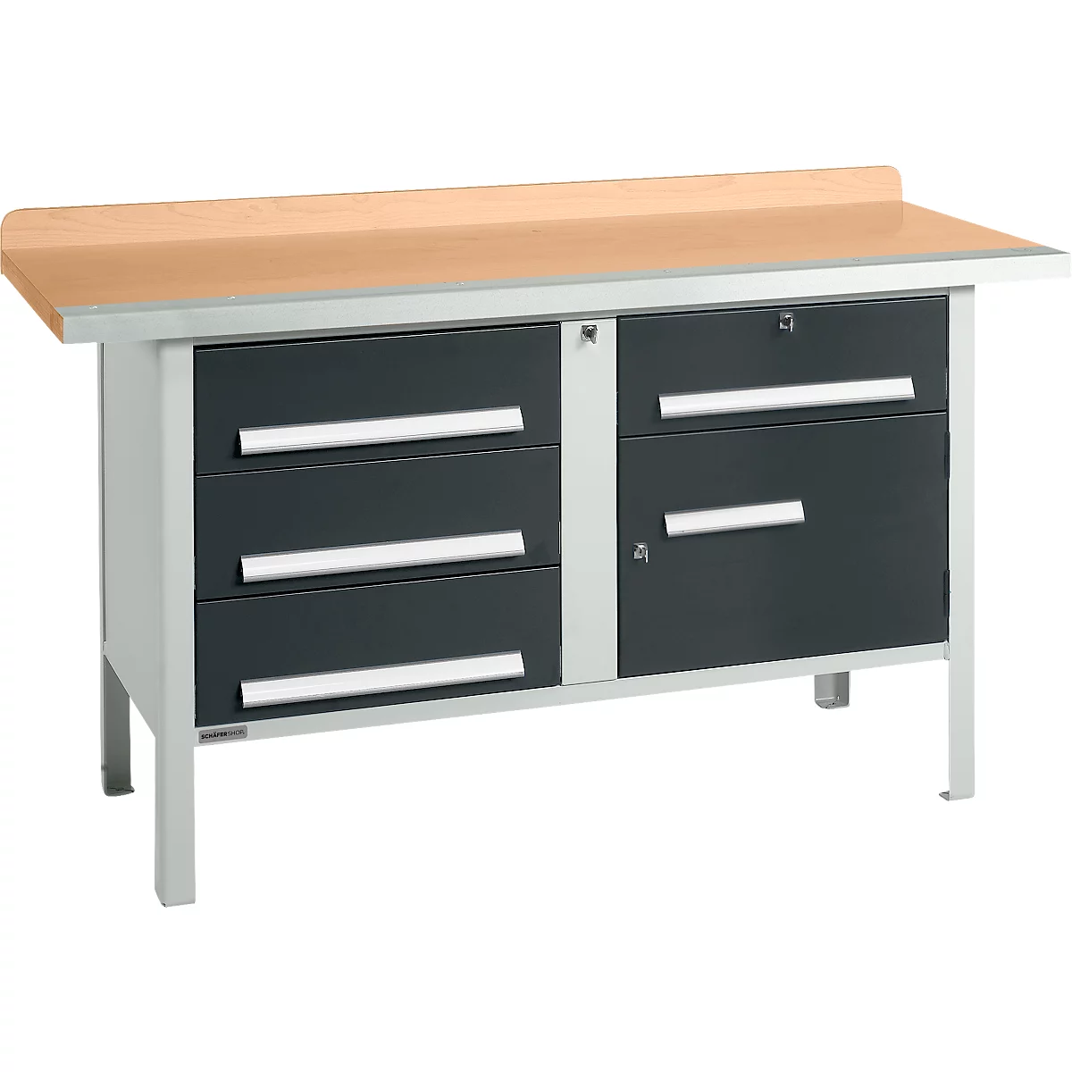 Workbench with grey drawers and a light wood top.