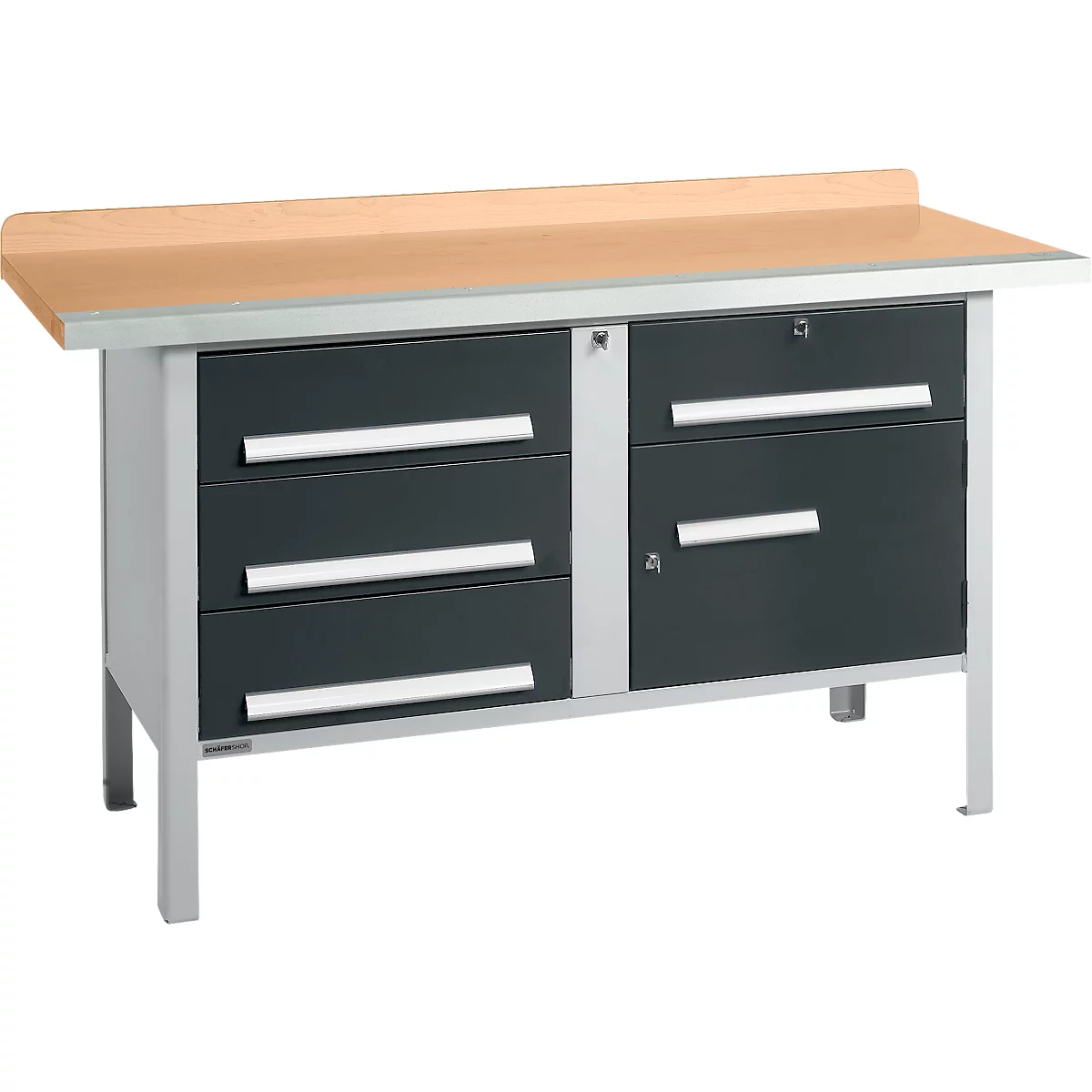 Metal workbench with wooden top and drawers.