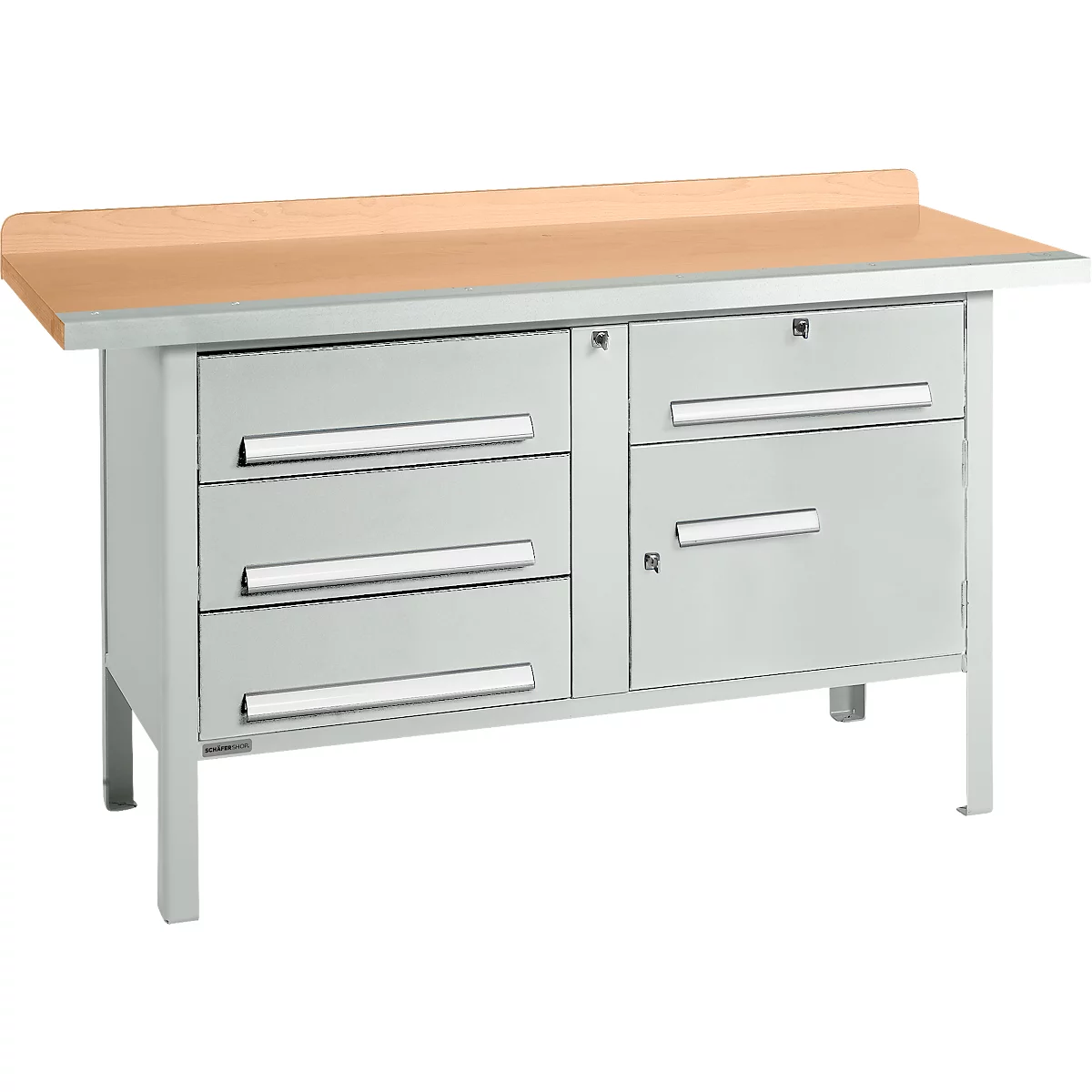 Workbench with wooden top and drawers in gray. The drawers have silver handles.